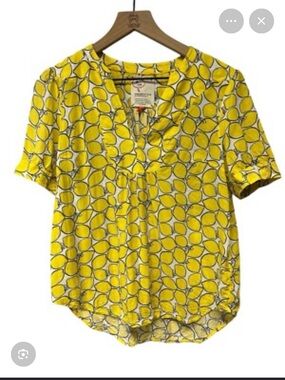 Anthropologie Yellow Lemon-Print V-Neck Top Blouse